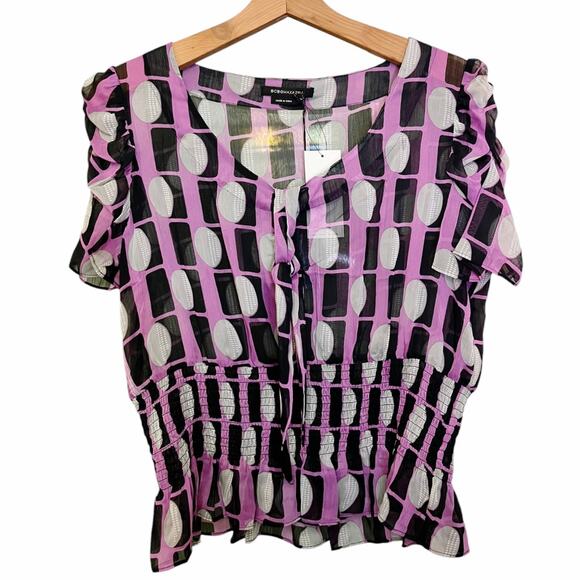 BCBGMAXAZRIA Chiffon Top V-Neck Abstract Pink Black Short Sleeves Neck Tie NWT - Picture 1 of 7